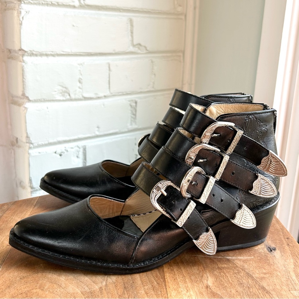 Toga Pulla Buckled Cutout Leather Ankle Boots Black 38 8